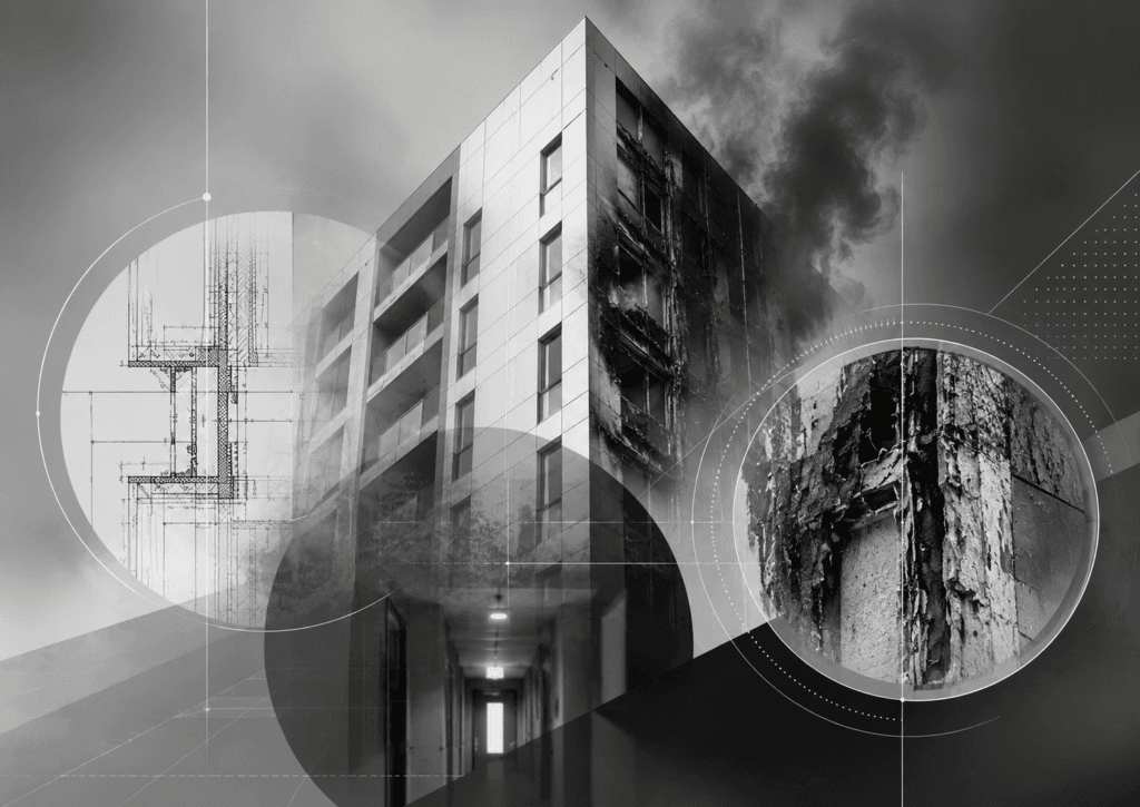 Abstract black-and-white composition showing a modern residential building partially damaged by fire, overlaid with architectural drawing details, geometric forms and close-up forensic imagery of fire-damaged construction materials.
